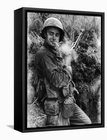 Dirt Smeared American Marine Terry Moore Soldier Stopping for a Cigarette Break-Carl Mydans-Framed Premier Image Canvas
