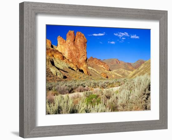 Dirt Trail Through Sagebrush and Tall Redstone Cliffs, Owyhee Area, Oregon, USA-Janis Miglavs-Framed Photographic Print