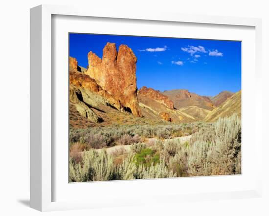 Dirt Trail Through Sagebrush and Tall Redstone Cliffs, Owyhee Area, Oregon, USA-Janis Miglavs-Framed Photographic Print