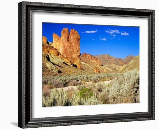 Dirt Trail Through Sagebrush and Tall Redstone Cliffs, Owyhee Area, Oregon, USA-Janis Miglavs-Framed Photographic Print