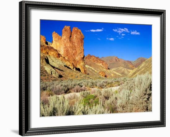 Dirt Trail Through Sagebrush and Tall Redstone Cliffs, Owyhee Area, Oregon, USA-Janis Miglavs-Framed Photographic Print