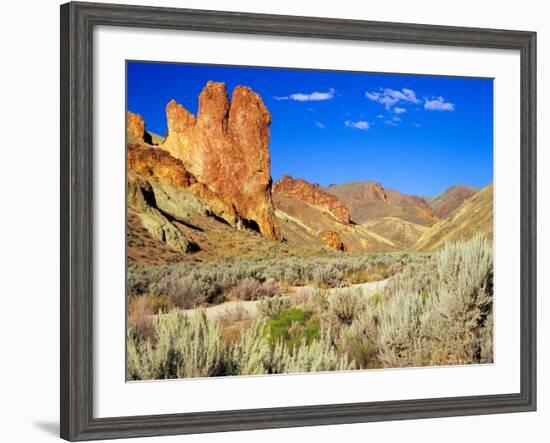 Dirt Trail Through Sagebrush and Tall Redstone Cliffs, Owyhee Area, Oregon, USA-Janis Miglavs-Framed Photographic Print