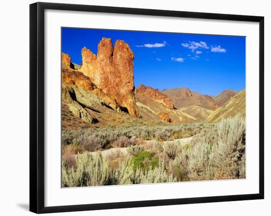 Dirt Trail Through Sagebrush and Tall Redstone Cliffs, Owyhee Area, Oregon, USA-Janis Miglavs-Framed Photographic Print