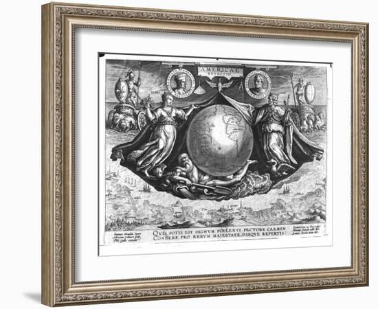 Discovery of America with Portraits of Amerigo Vespucci (1454-1512) and Christopher Columbus-Jan van der Straet-Framed Giclee Print