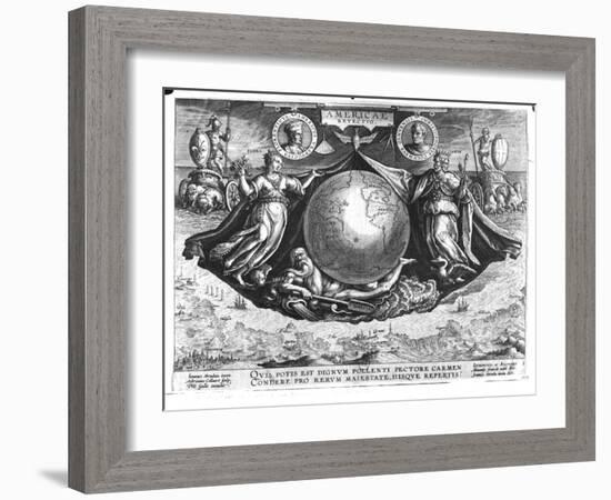 Discovery of America with Portraits of Amerigo Vespucci (1454-1512) and Christopher Columbus-Jan van der Straet-Framed Giclee Print