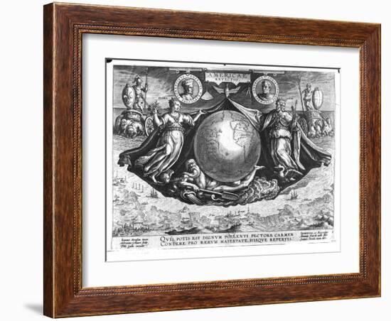 Discovery of America with Portraits of Amerigo Vespucci (1454-1512) and Christopher Columbus-Jan van der Straet-Framed Giclee Print