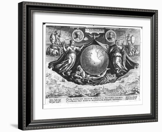 Discovery of America with Portraits of Amerigo Vespucci (1454-1512) and Christopher Columbus-Jan van der Straet-Framed Giclee Print