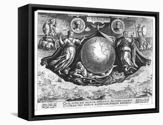 Discovery of America with Portraits of Amerigo Vespucci (1454-1512) and Christopher Columbus-Jan van der Straet-Framed Premier Image Canvas