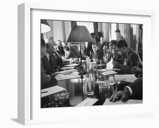 Discussion of N.Y.C. Being Bankrupt, Brings the Board of Estimate Together with Mayor Robert Wagner-Cornell Capa-Framed Photographic Print