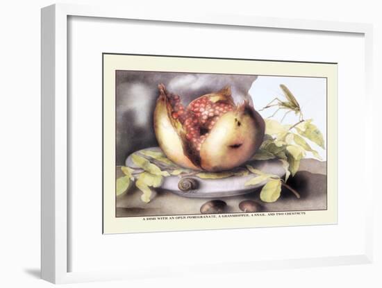 Dish with a Pomegranate, A Grasshopper, A Snail, and Two Chestnuts-Giovanna Garzoni-Framed Art Print