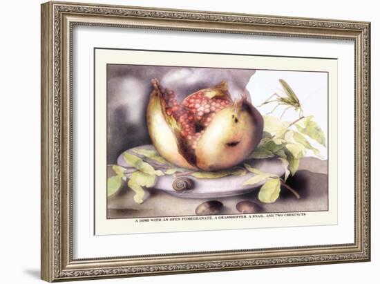 Dish with a Pomegranate, A Grasshopper, A Snail, and Two Chestnuts-Giovanna Garzoni-Framed Premium Giclee Print