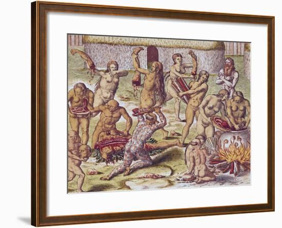 Dismembering and Cooking an Enemy, from "Americae Tertia Pars..", 1562-Theodor de Bry-Framed Giclee Print
