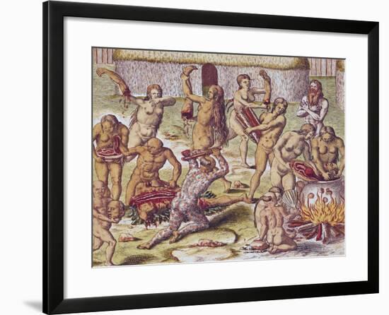 Dismembering and Cooking an Enemy, from "Americae Tertia Pars..", 1562-Theodor de Bry-Framed Giclee Print