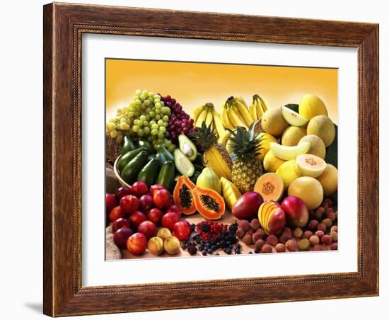 Display of Exotic Fruit with Stone Fruits, Berries and Avocados-null-Framed Photographic Print