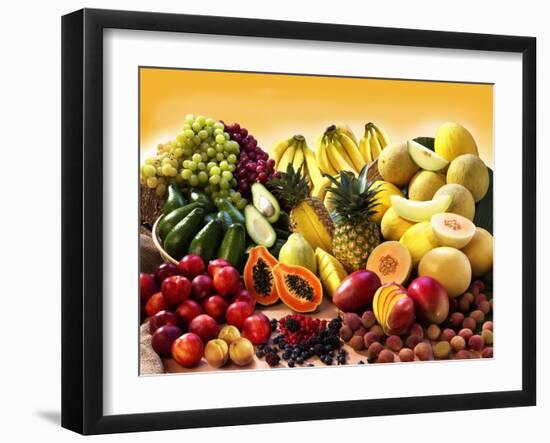 Display of Exotic Fruit with Stone Fruits, Berries and Avocados-null-Framed Photographic Print