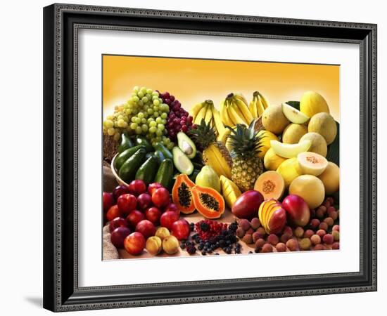 Display of Exotic Fruit with Stone Fruits, Berries and Avocados-null-Framed Photographic Print