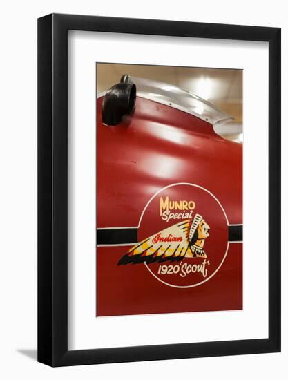 Display of race winning Indian motorcycle once raced by Burt Munroe at E. Hayes & Sons, Invercar...-null-Framed Photographic Print