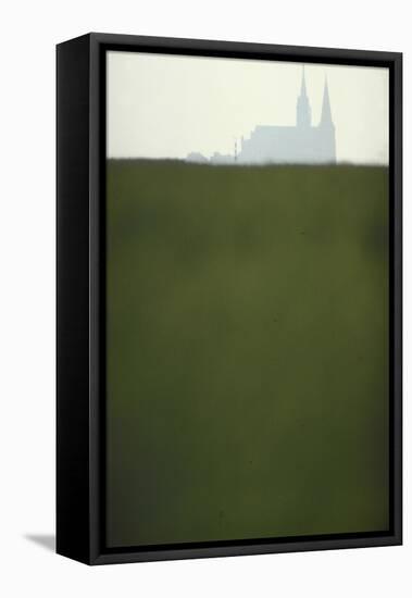 Distant Misty View of Chartres Cathedral Rising over Green Field-Gjon Mili-Framed Premier Image Canvas