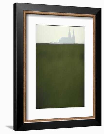 Distant Misty View of Chartres Cathedral Rising over Green Field-Gjon Mili-Framed Photographic Print
