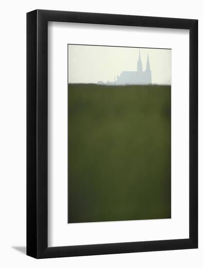 Distant Misty View of Chartres Cathedral Rising over Green Field-Gjon Mili-Framed Photographic Print