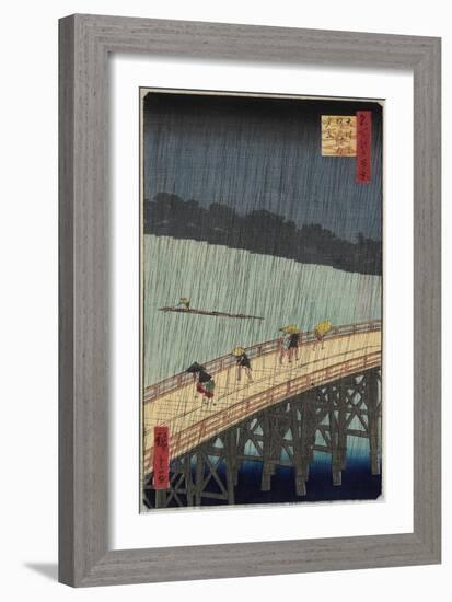 Distant View of Atake in Evening Shower over the Ohashi Bridge, July 1857-Utagawa Hiroshige-Framed Giclee Print