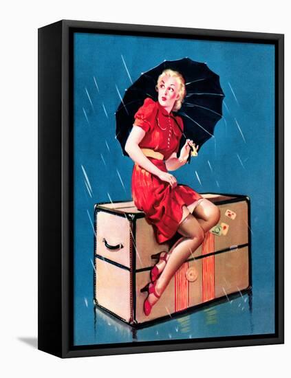 "Disturbing Elements" Retro Pin-Up Girl in Rain with Umbrella by Gil Elvgren-Piddix-Framed Stretched Canvas