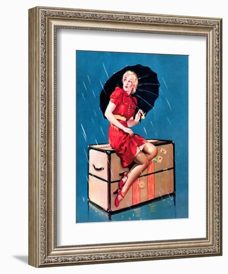 "Disturbing Elements" Retro Pin-Up Girl in Rain with Umbrella by Gil Elvgren-Piddix-Framed Art Print