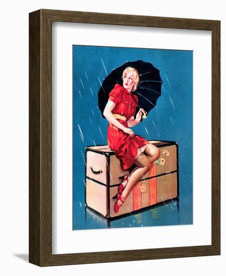 "Disturbing Elements" Retro Pin-Up Girl in Rain with Umbrella by Gil Elvgren-Piddix-Framed Art Print