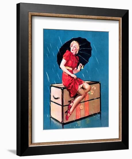 "Disturbing Elements" Retro Pin-Up Girl in Rain with Umbrella by Gil Elvgren-Piddix-Framed Art Print