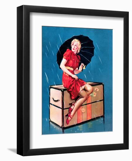 "Disturbing Elements" Retro Pin-Up Girl in Rain with Umbrella by Gil Elvgren-Piddix-Framed Art Print