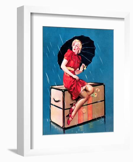 "Disturbing Elements" Retro Pin-Up Girl in Rain with Umbrella by Gil Elvgren-Piddix-Framed Art Print