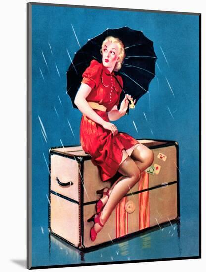 "Disturbing Elements" Retro Pin-Up Girl in Rain with Umbrella by Gil Elvgren-Piddix-Mounted Art Print