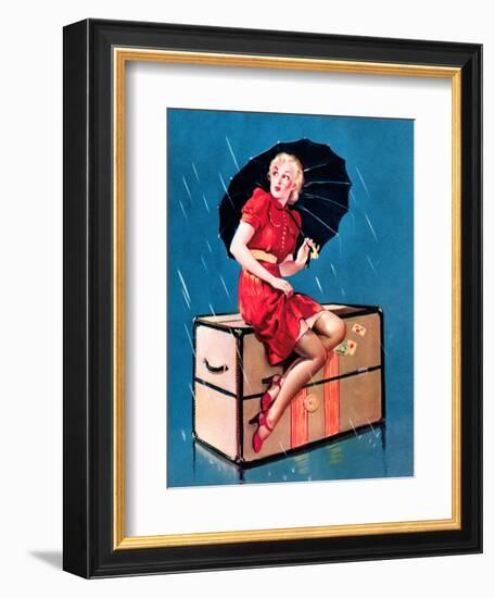 "Disturbing Elements" Retro Pin-Up Girl in Rain with Umbrella by Gil Elvgren-Piddix-Framed Art Print