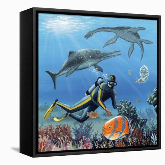 Diver And Prehistoric Life, Artwork-Richard Bizley-Framed Premier Image Canvas