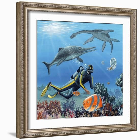 Diver And Prehistoric Life, Artwork-Richard Bizley-Framed Premium Photographic Print