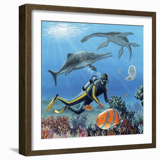 Diver And Prehistoric Life, Artwork-Richard Bizley-Framed Premium Photographic Print