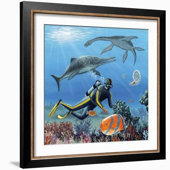 Diver And Prehistoric Life, Artwork-Richard Bizley-Framed Premium Photographic Print