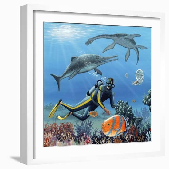 Diver And Prehistoric Life, Artwork-Richard Bizley-Framed Premium Photographic Print