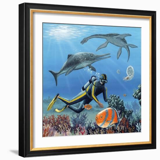 Diver And Prehistoric Life, Artwork-Richard Bizley-Framed Premium Photographic Print