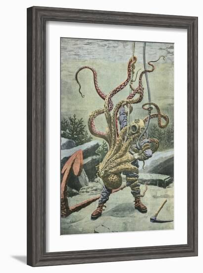 Diver Attacked by an Octopus-French School-Framed Giclee Print