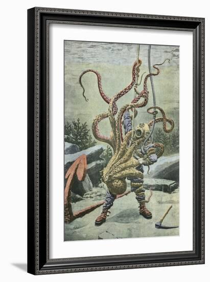 Diver Attacked by an Octopus-French School-Framed Giclee Print