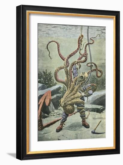 Diver Attacked by an Octopus-French School-Framed Giclee Print