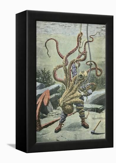 Diver Attacked by an Octopus-French School-Framed Premier Image Canvas