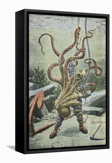 Diver Attacked by an Octopus-French School-Framed Premier Image Canvas