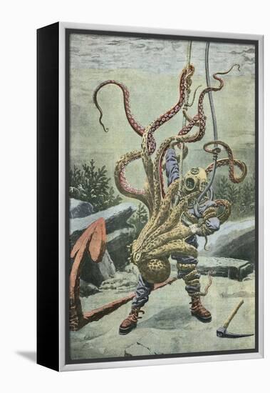 Diver Attacked by an Octopus-French School-Framed Premier Image Canvas