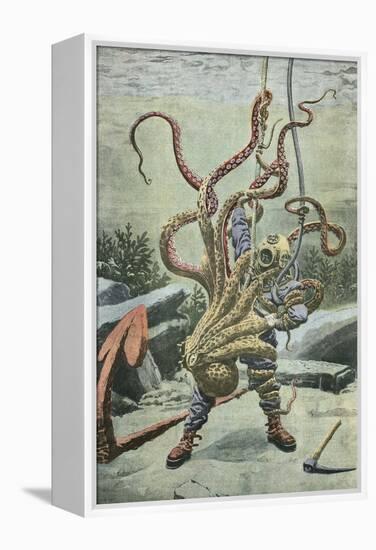 Diver Attacked by an Octopus-French School-Framed Premier Image Canvas