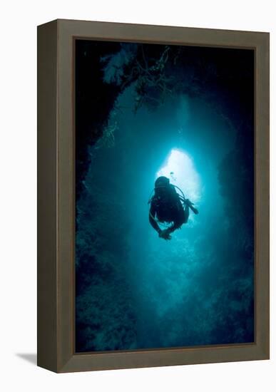 Diver Exploring a Blue Hole-Matthew Oldfield-Framed Premier Image Canvas