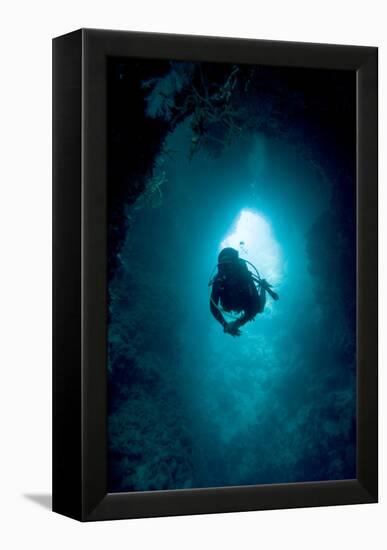 Diver Exploring a Blue Hole-Matthew Oldfield-Framed Premier Image Canvas