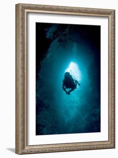 Diver Exploring a Blue Hole-Matthew Oldfield-Framed Photographic Print
