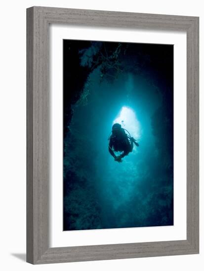 Diver Exploring a Blue Hole-Matthew Oldfield-Framed Photographic Print